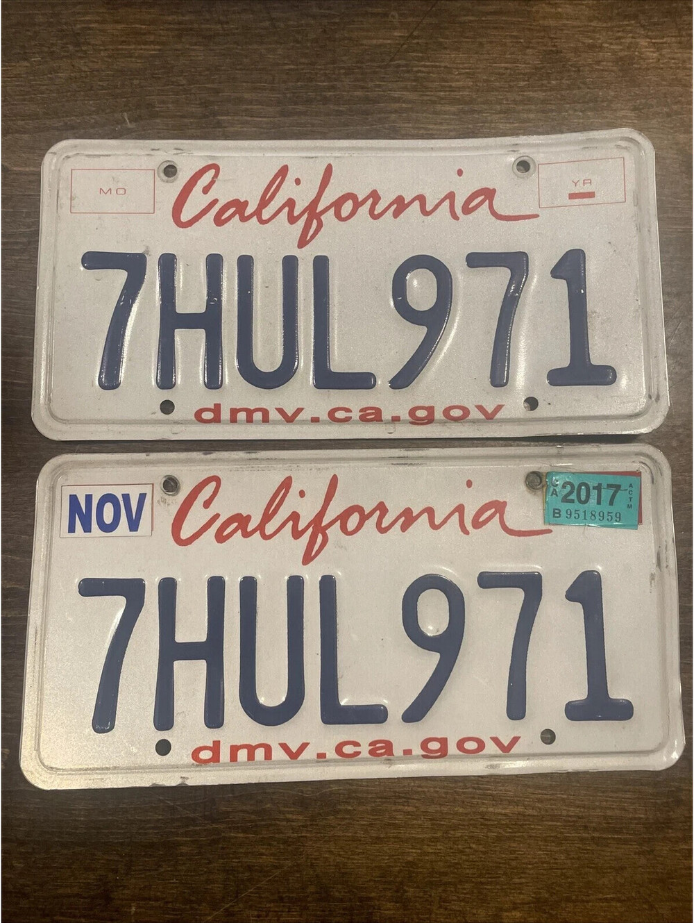 California License Plate Pair Expired 2018 7 HUL 971 Sign Retro Embossed CA Cali